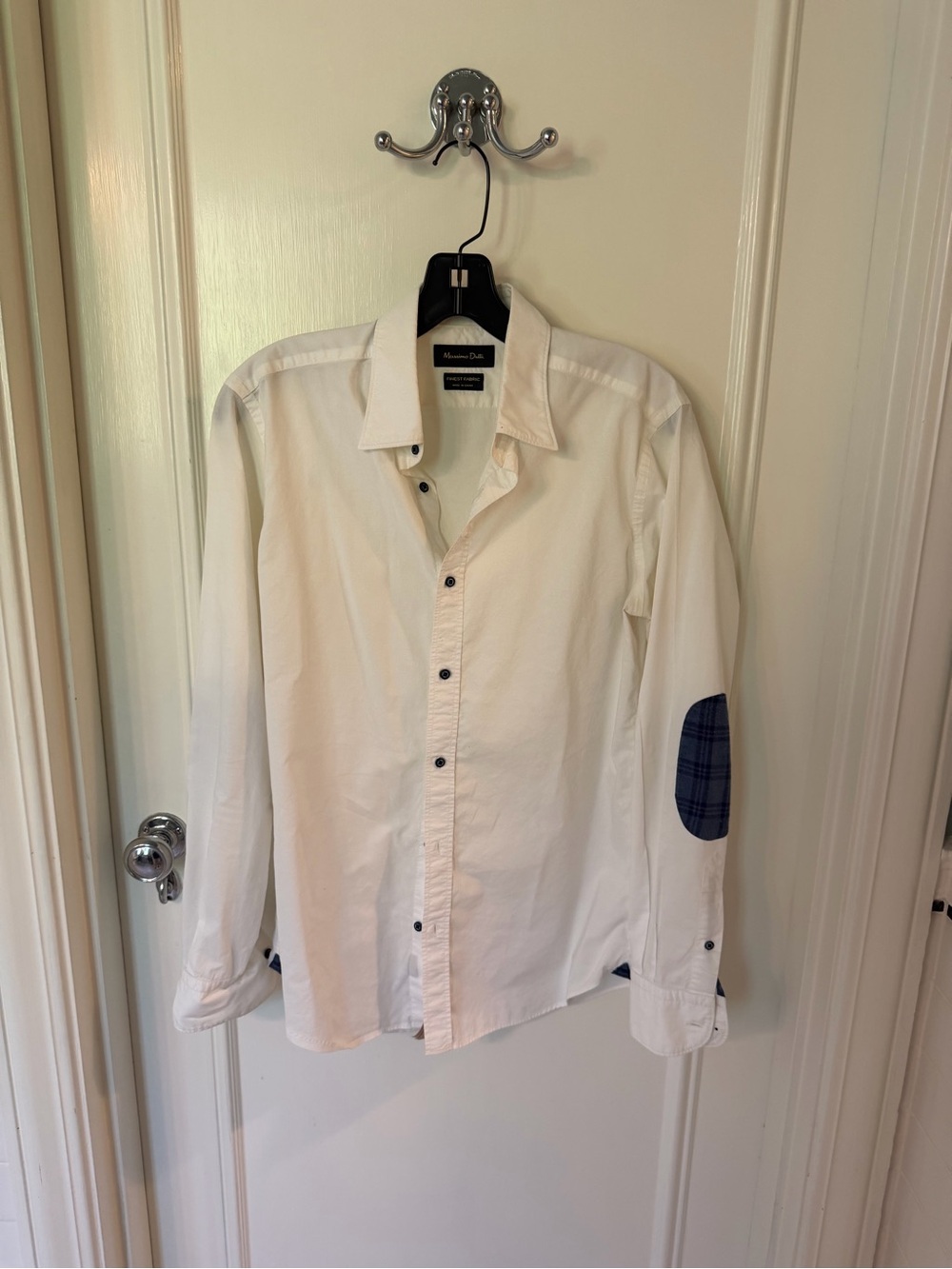 Massimo Dutti White Cotton Button-Down Shirt with Blue Plaid Elbow Patch